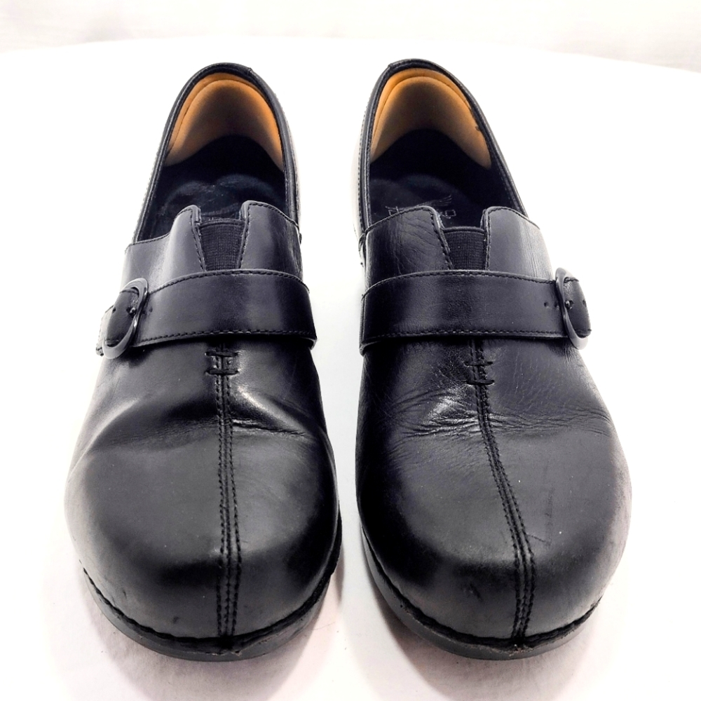 Dansko Tamara Black Leather Slip-On Clogs With Adjustable Strap - Picture 3 of 16